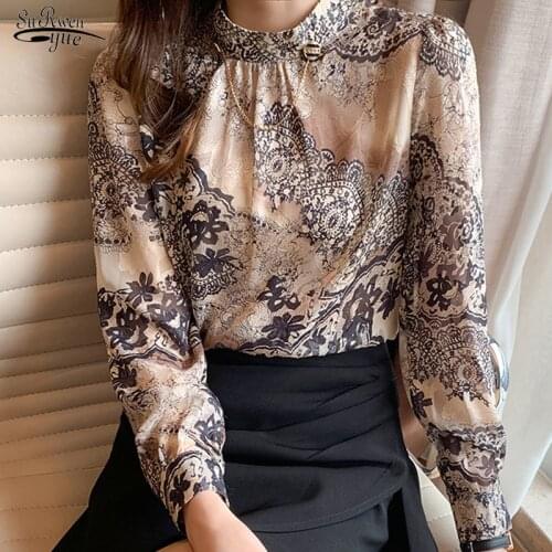 New Elegant Floral Blouse Women Casual Plus Size Stand Collar Female Shirts Long Sleeve Printing Ladies Clothing Blusas 13089