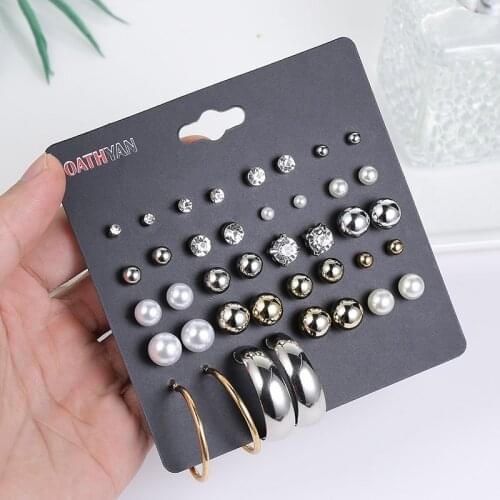 OATHYAN 20 Pairs/Set Fashion Crystal Rhinestone Ball Stud Earrings Sets Mix For Women Simulated Pearl Round Earring 2018 Jewelry