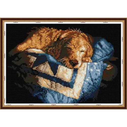 Dog Is Sleeping Cross Stitch Embroidery Needlework Stamped Patterns Thread Counted Fabric Needlepoint 11CT 14CT Printed Painting