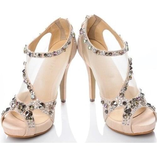 2018 Nicest Peep Toe Crystal Sexy Rhinestone Stiletto Heel Platform Sandals Princess Shoes Wedding Bridal Dress ShoesWomen shoes