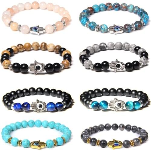 Fatima Hand Bracelet Natural Stone Beads Elastic Rope Religion Charm Bracelets For Women Men Ethnic Bangle Fashion Jewelry Gift