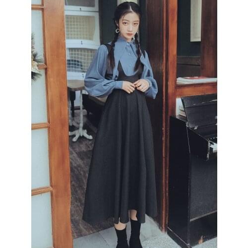 Spring 2021 New Ladies Full Sleeved Lantern Sleeve Tops Blouse+Black Belt Dress 2 Pieces Of Clothes Skirt Suit Mid-Calf Vestido