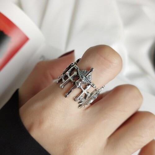 Retro 100% Authentic S925 Sterling Silver glossy Jesus Cross open rings index finger ring Lady religion J203