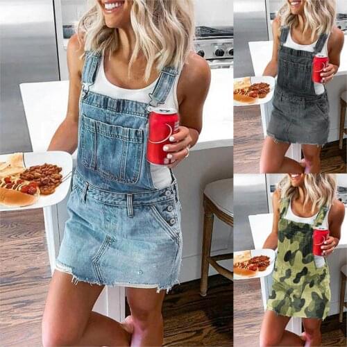Womens Casual Sleeveless Solid Front Pockets Denim Dress Overalls Bib Dress Flower Print A-line Dress Vestido Romper
