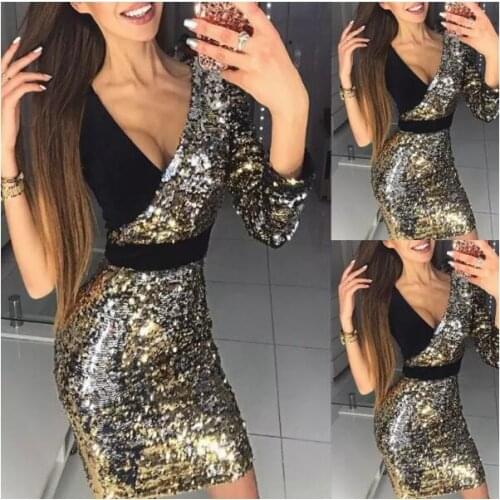 2021 new arrival Women Long Sleeve one shoulder Bodycon sexy sequins Party Evening Mini Club Dress deep v-neck short dresses