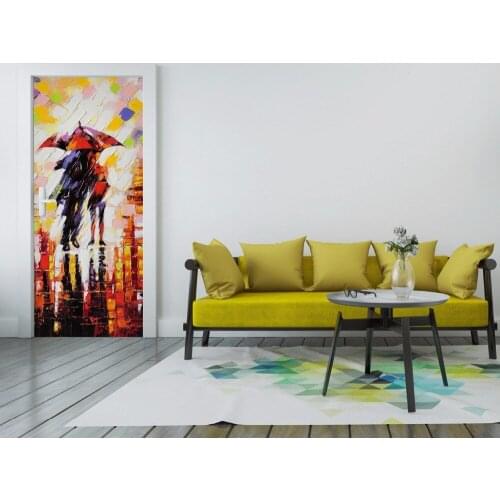 3D Oilpainting Lover In Rain DIY Door Mural Wallpaper mural Wall Print Decal Wall Deco Wall Mural Photo self adhesive door wrap