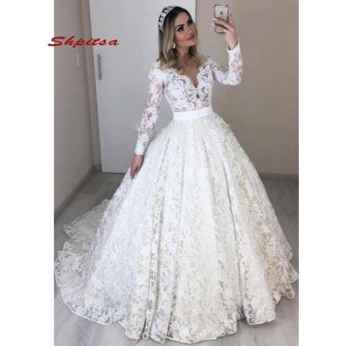 Elegant Long Sleeve Lace Wedding Dresses Turkey Tulle Plus Size White Ivory Women Ball Gown Bride Bridal Dresses Gowns
