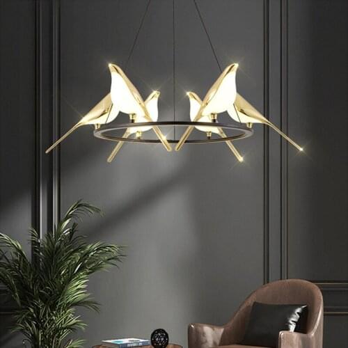 FKL Modern Bird Chandelier Creative Magpie Round Golden LED Living Room Chandelier Hall Cafe Bar Restaurant Lights