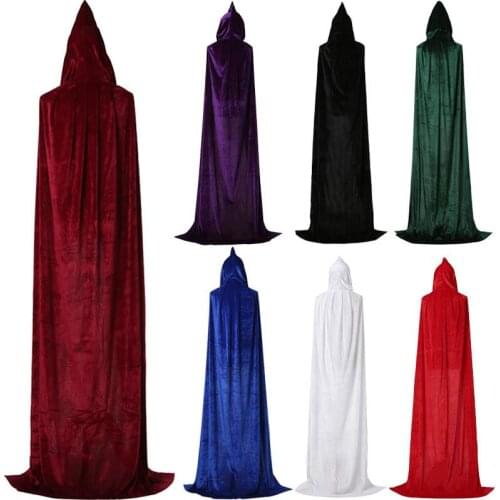 Adult kids Carnival Halloween Costume Man Women Cosplay Wizard Long Velvet Cape Gothic Hooded Cloak Robe Medieval Witch Vampire