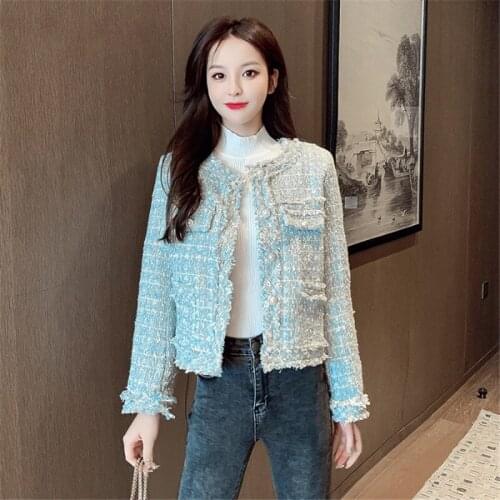 Korea Women Long Sleeve Wool Coat Short Design Plaid Jackets 2021 Spring Buttons Up Elegant Coats