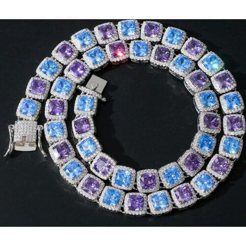 Iced Out Tennis Chain For Men 10MM Square Blue Purple Color Cubic Zirconia Necklace Hip Hop jewelry Gift