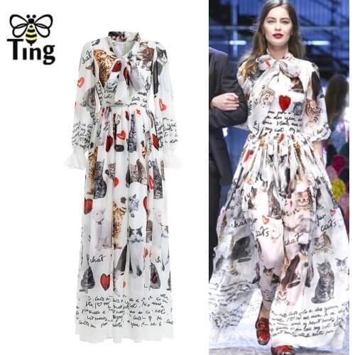 Tingfly Vintage Casual Cute Cat Floral Summer Maxi Long Dress Chiffon Streetwear Dinner Party Dresses Plus Size Vestidos Trendy