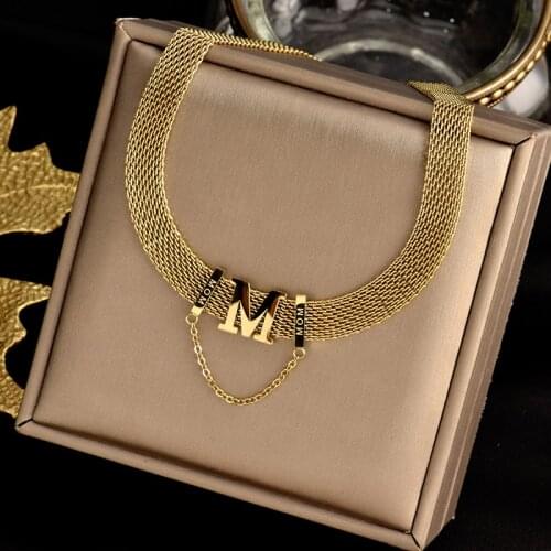 Hot Supply 316L Stainless Steel Net Braided Chain Design M Letter Style Gold Choker Necklace For Women Fashion Neck Jewelry