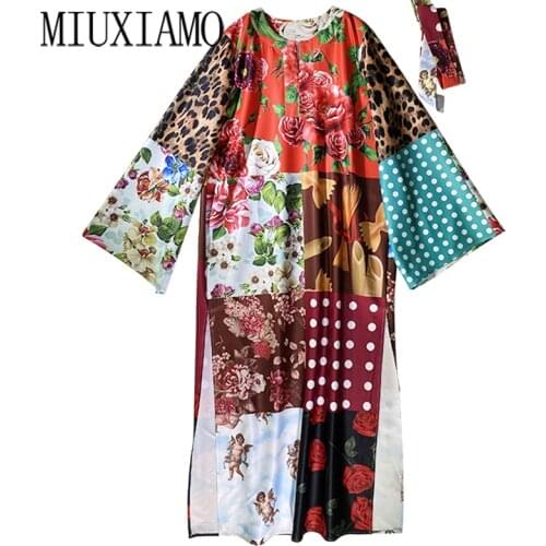 MIUXIMAO 2021 Bohemian Plus Size Dress o-neck Maxi Dress Women Silk Floor Length Dot Leopard Flower Print Kaftan Dress Belt