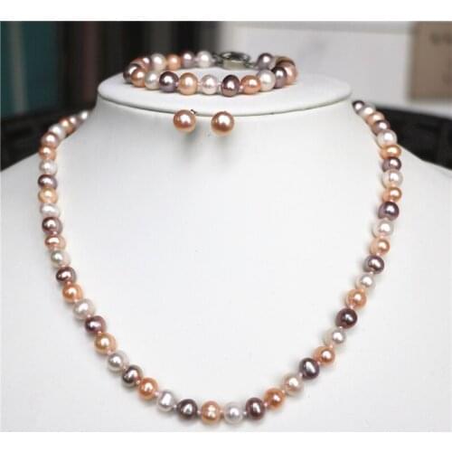 Fashion 100%Pearl 7-8mm natural freshwater cultured round multicolor pearl diy necklaces bracelets earrings sets making 18inch