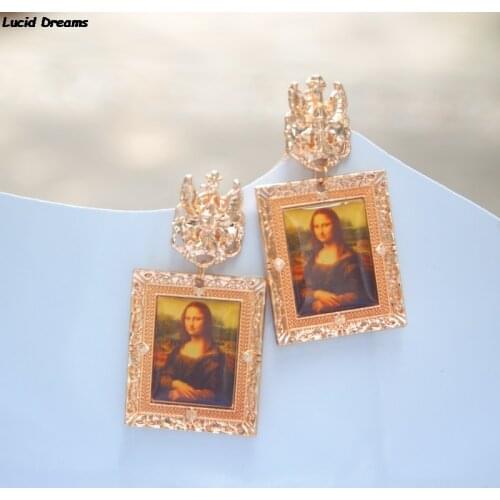 Trendy Mona Lisa Dangle Earring Metal Big Dangle Drop Earring Geometric Enamel Square New Exaggerated Woman Punk Jewelry Popular