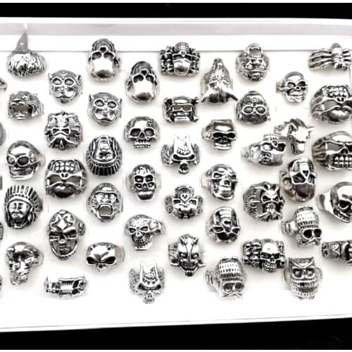 Wholesale 30PCs/Lot Mens Womens Punk Style Rings Skull Skeleton Metal Fashion Jewelry 30 Different Design Silver Color