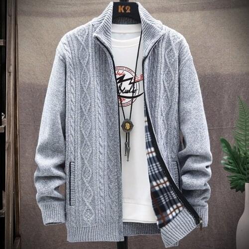 Mens Plush Knitted Sweater Men Cardigan Plus Size High Neck Zipper Knitted Sweater
