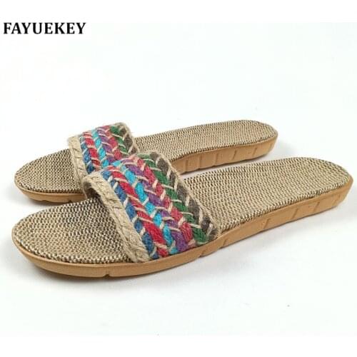 FAYUEKEY New Summer Home Linen Flax Slippers Women Floor Non-slip Beach Bedroom Breathable Sandals Slides Flat Shoes