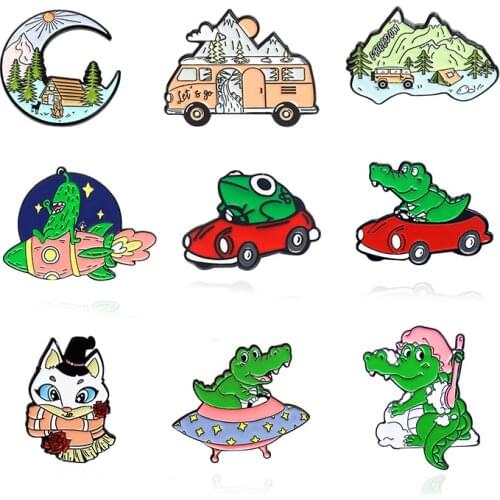 Animals Go camping! Enamel Brooch Cartoon cat frog crocodile Lapel Pin Bus Car UFO rocket mountain Adventure Badge