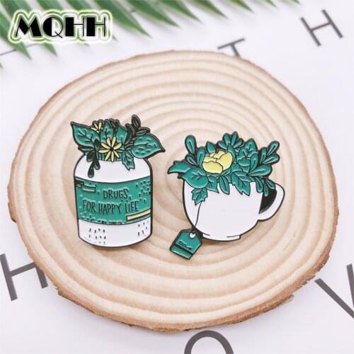 Cute Green Plant Potted Flowers Cup Bottle Enamel Brooch Alloy Badge Cowboy Clothes Bag Pin Cartoon Jewelry Gift For Friends
