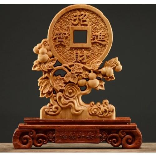 Thuja Wood 22CM Rich Coin Sculpture Decorative Dish Hollow Wood Wealth Carving Lucky Gift Collection Home Decor