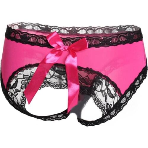 Women Sexy Open Butt Panties Big Bowknot Floral Lace Trim Hollow Lingere Briefs 62KE