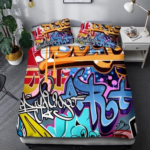 Teenager Street Wall Bedding Set King Size, Duvet Cover double bed quilts, Graffiti Graphic Colorful Art Design BedRoom,3D Quilt