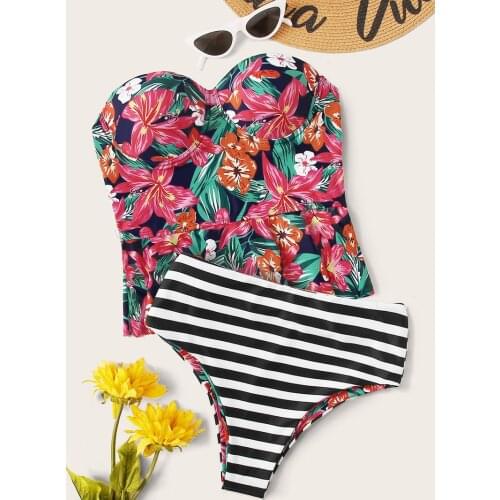 Vintage Bandeau Push Up Bikinis Women Floral Print Stripe Swimwear Bikini Set High Waist Bathing Suit Biquini Two Piece Swimsuit