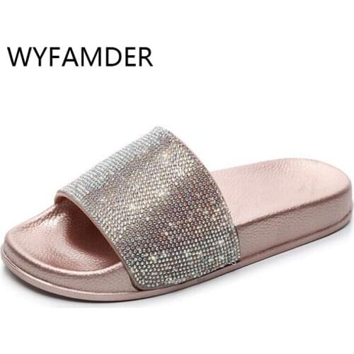 WYFAMDER Luxury Crystal Women Slippers 2021 Summer Platform Women Sandals Lady Beach Shoes Slides Gold/Silver Shoes Slip on WS45