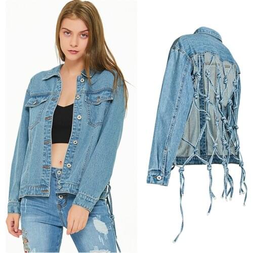 2020 New Women Sexy Backless Cutout Jeans Jacket Long Sleeve Tassel Bandages Coat Fashion Female Denim Jacket Chaqueta Mujer Xxl