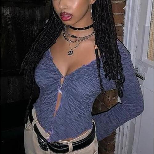 2021 New Spring Autumn Womens Open Front Crop Tops T-Shirts Sexy V Neck Long Sleeve Slim Fit Ladies T-Shirt Tee Top High Street