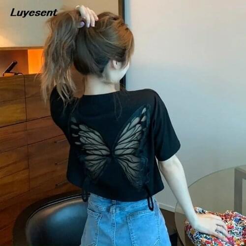 Women Hollow Embroidery Butterfly Gothic T Shirt 2021 Summer Lady Mesh Spliced Black White Streetwear Harajuku Basic Cotton Top