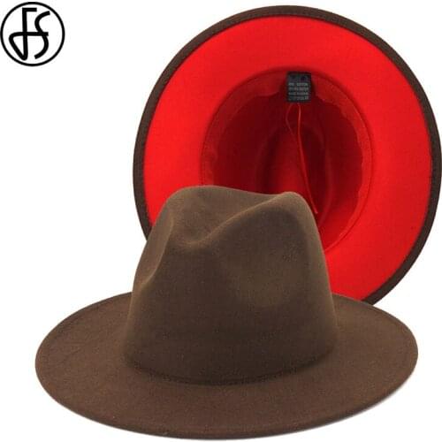 FS Fashion Coffee Red Patchwork Wool Felt Fedora Hats Women Men Wide Brim Panama Jazz Cap Unisex Trilby Cowboy Gangster Hat