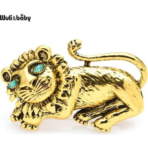 Wuli&baby Vintage Cute Sleeping Lion Brooches Big Green Eye Pins 2021 Women Fashion Jewelry Pins Gift