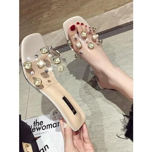 Womens Shoes Slippers High Heels 2020 Summer New Pearl Studded Open Toe Heels