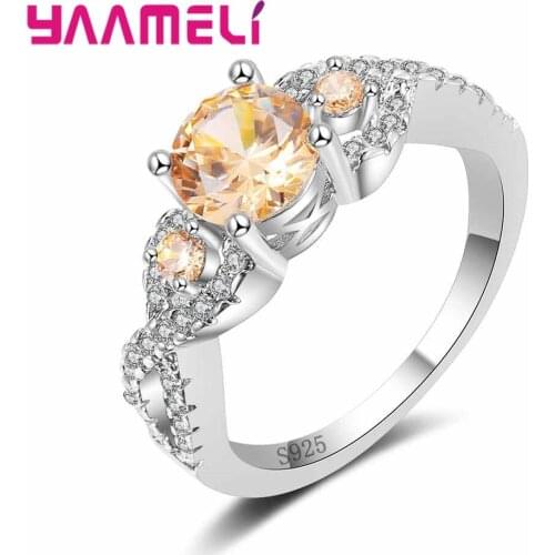 Luxury Round Champagne Cubic Zircon Crystal Ring 925 Sterling Silver Jewelry Fashion Women Wedding Infinity Bijoux