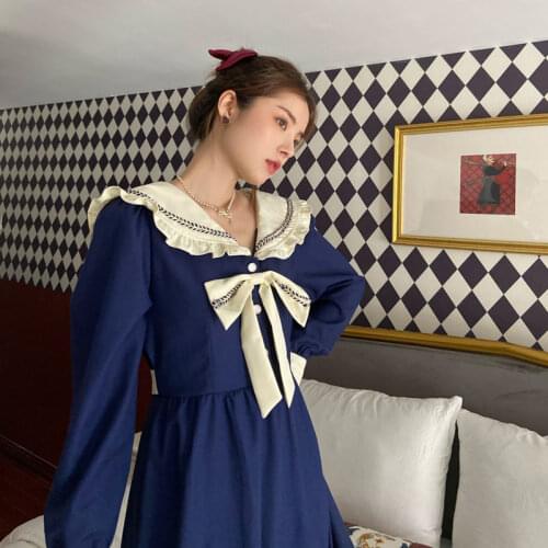Bow Sweet Lolita Dress Women Blue Vintage Patchwok Kawaii Midi Dress Korean Japanese Style Designer Fall Dresses Women