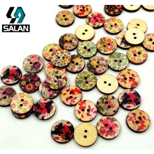 15MM wooden mixed color painted button children cartoon printing clothing accessories DIY wood round retro button