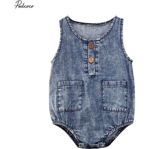 2020 0-12M Denim Infant Summer Baby Rompers Boys Girls Sleeveless Pockets Jumpsuit Playsuit One Piece Cool Outfits