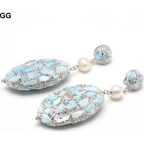 GuaiGuai Jewelry Natural Blue Larimars Silver Color Rhinestone Pave Oval Cultured White Round Pearl Larimars Stud Earrings