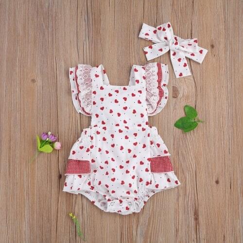 Pudcoco Newborn Baby Girl Clothes Fly Sleeve Round Collar Love Printing Romper Jumpsuit Bowknot Headband 2Pcs Outfits Sunsuit