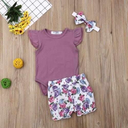 Toddler Infant Baby Girl Clothes Romper+Shorts Headband Casual Outfits Set 0-18M