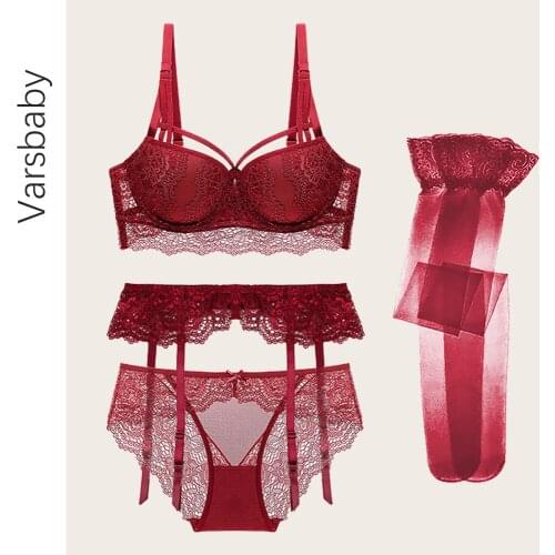 Varsbaby sexy lace thick push up underwear 4pcs bras+garters+panties+stockings gather deep V hollow lingerie set