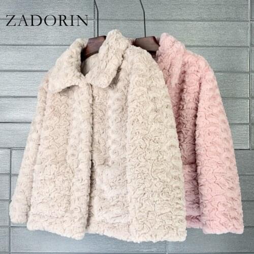 ZADORIN 2021 Korean Fashion Solid Winter Lapel Collar Embossing Faux Rabbit Fur Coat Women Sweet Warm Pink Furry Teddy Jacket