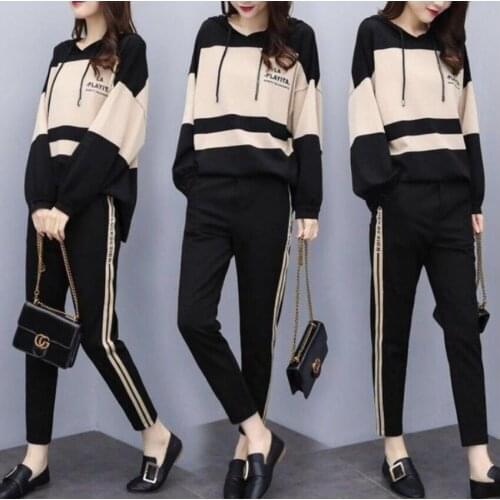 Fat mm temperament casual suit early autumn plus size hooded round neck casual nine-point pants two-piece female