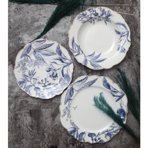 MIDOSHARK Retro Design Flower Shape Phnom Penh Bone China dinner plates Hand painted blue plant flower pattern ceramic plate