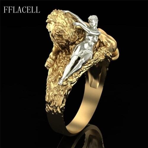 FFLACELL Fashion Two-Color Metal Exaggerated Punk Style Beauty And The Beast Couple Ring Men And Women Party Jewelry Gifts