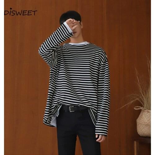 Autumn Striped Print Long-sleeved T-shirt Men Simple and Loose O-NecK Mens Top 2020