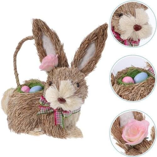 Easter Straw Woven Bunny Furniture Hand-Woven Rabbit Animal Adornment Craft Straw Egg Rabbit Handicraft Decoration (Basket)
